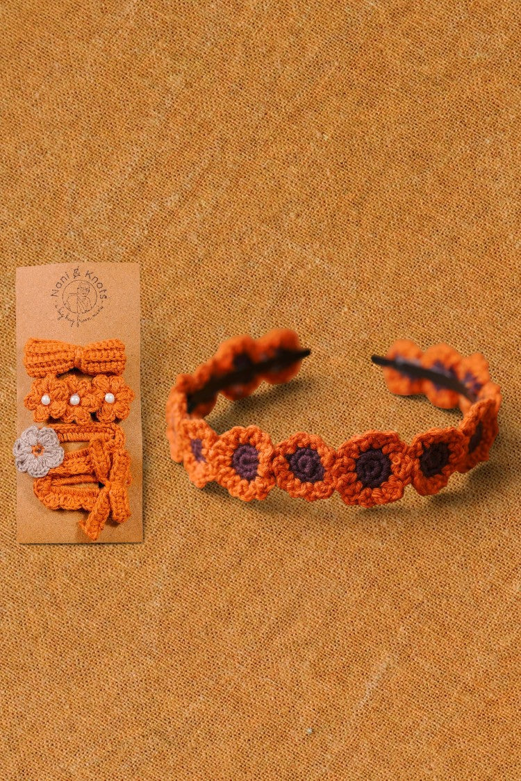 Handmade Crochet Hair Accessory Burnt Orange Hairband Gift Set | Rakhi & Women's Gift