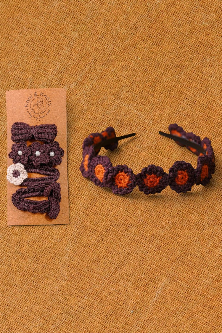 Handmade Crochet Hair Accessory Mocha Hairband Gift Set | Rakhi & Women's Gift