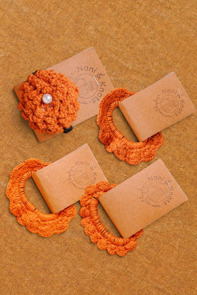 Handmade Crochet Hair Accessory Burnt Orange Rubberbands Gift Set | Rakhi & Women's Gift