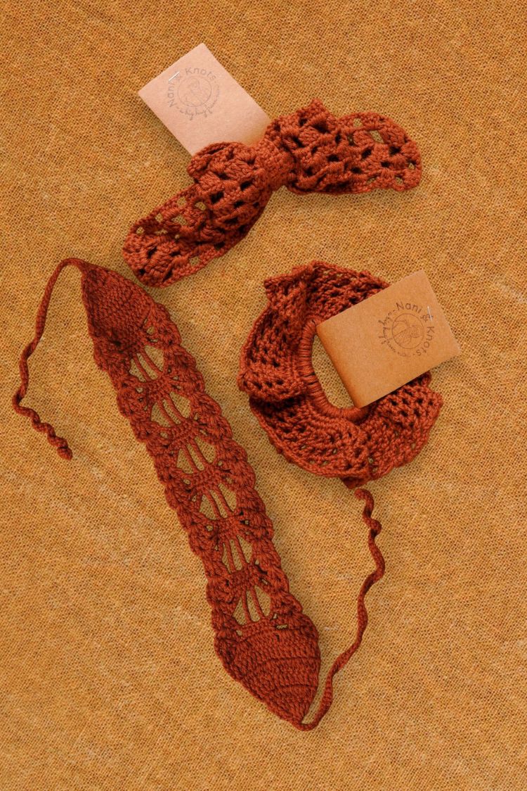 Handmade Crochet Hair Accessory Walnut Headband Rubberband Gift Set | Rakhi & Women's Gift