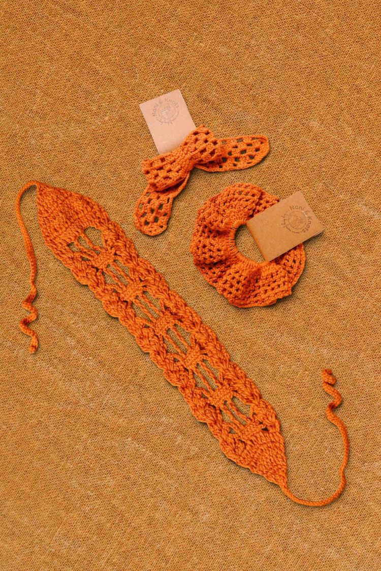 Handmade Crochet Hair Accessory Burnt orange Headband Rubberband Gift Set | Rakhi & Women's Gift