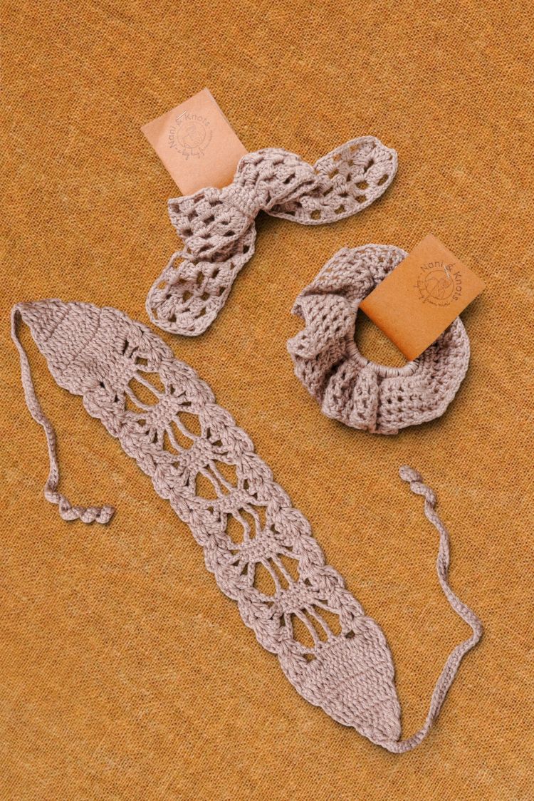 Handmade Crochet Hair Accessory Mist Grey Headband Rubberband Gift Set | Rakhi & Women's Gift