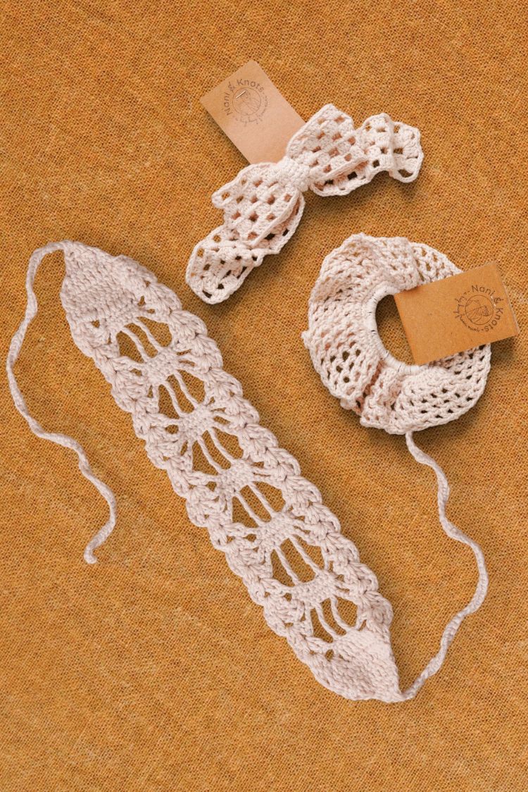 Handmade Crochet Hair Accessory Cream Headband Rubberband Gift Set | Rakhi & Women's Gift