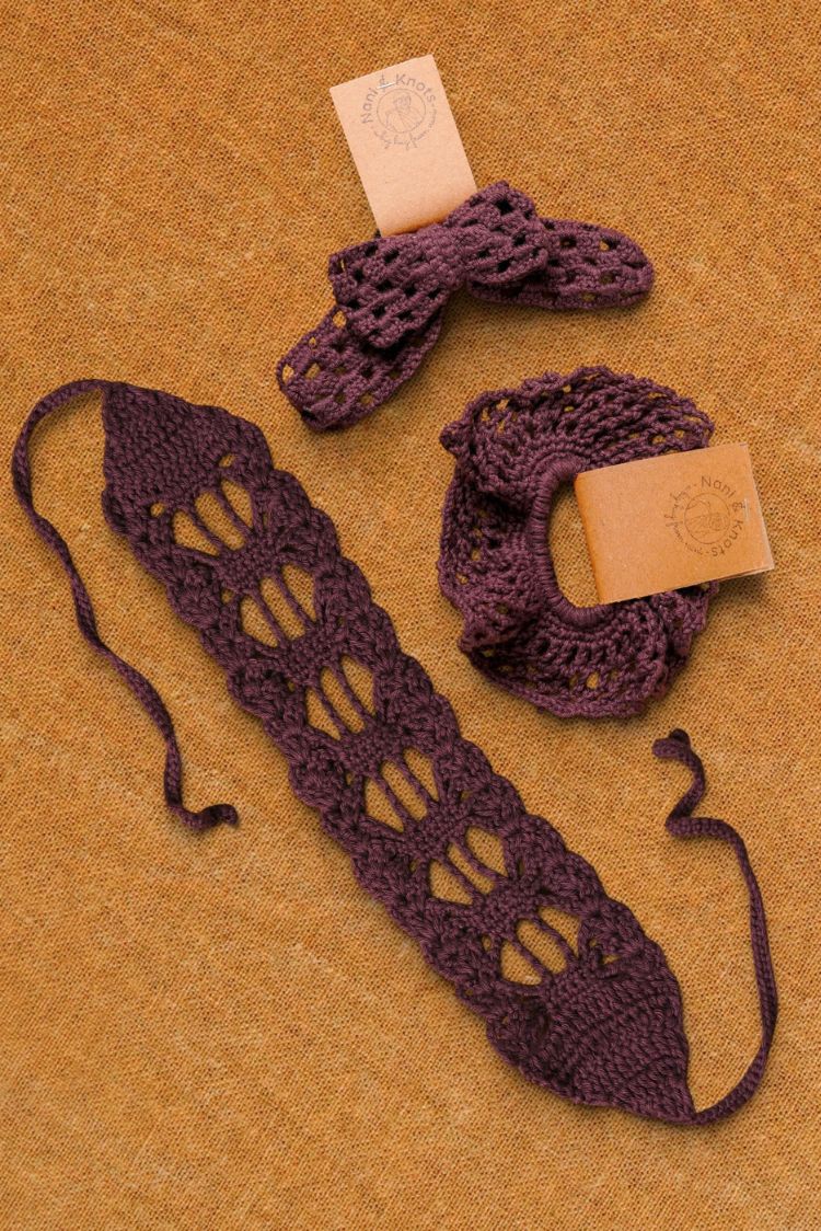 Handmade Crochet Hair Accessory Mocha Headband Rubberband Gift Set | Rakhi & Women's Gift