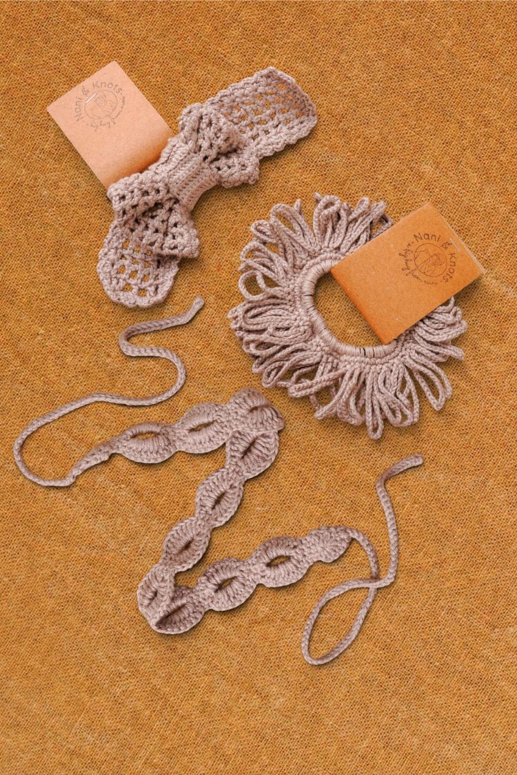 Handmade Crochet Hair Accessory Mist Grey Hairband Rubberband Gift Set | Rakhi & Women's Gift