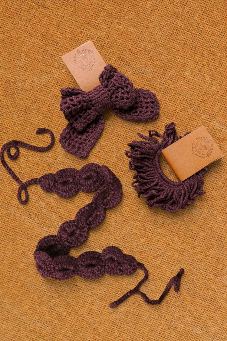 Handmade Crochet Hair Accessory Mocha Hairband Rubberband Gift Set | Rakhi & Women's Gift