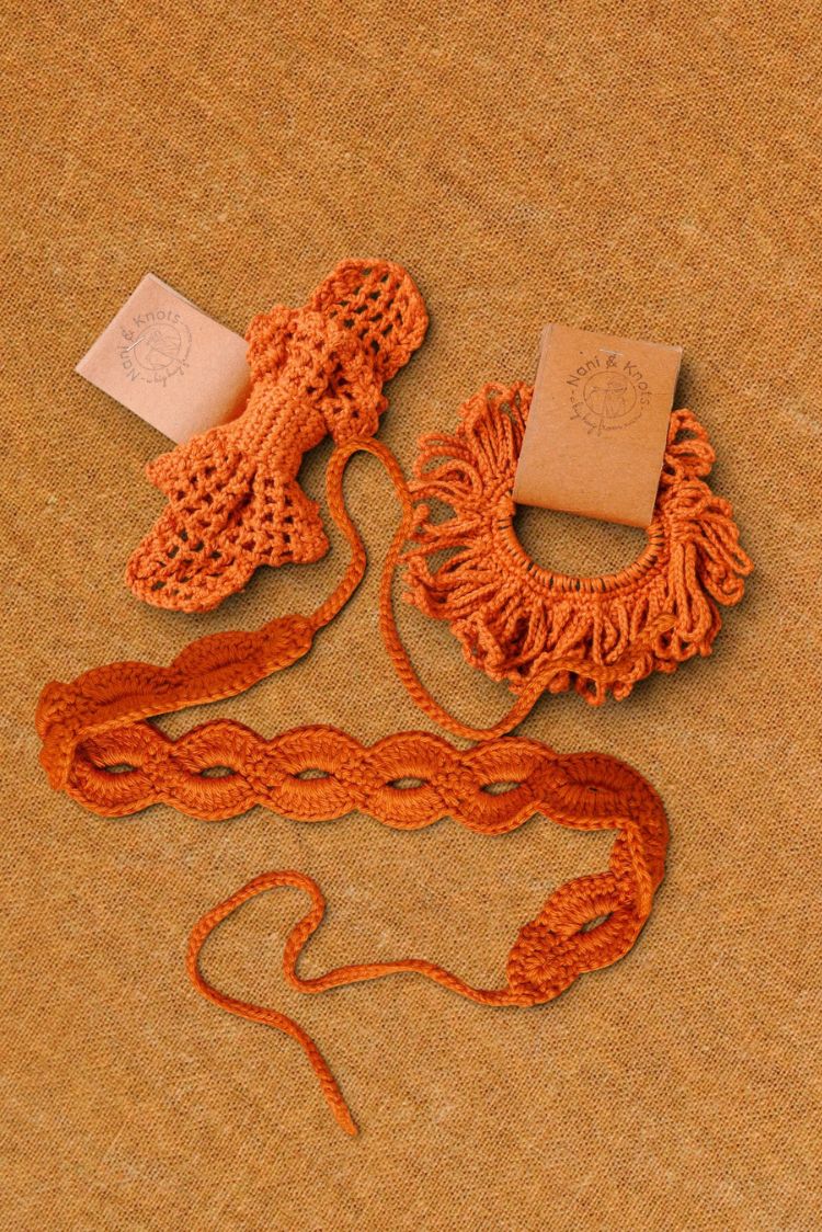 Handmade Crochet Hair Accessory Burnt Orange Hairband Rubberband Gift Set | Rakhi & Women's Gift