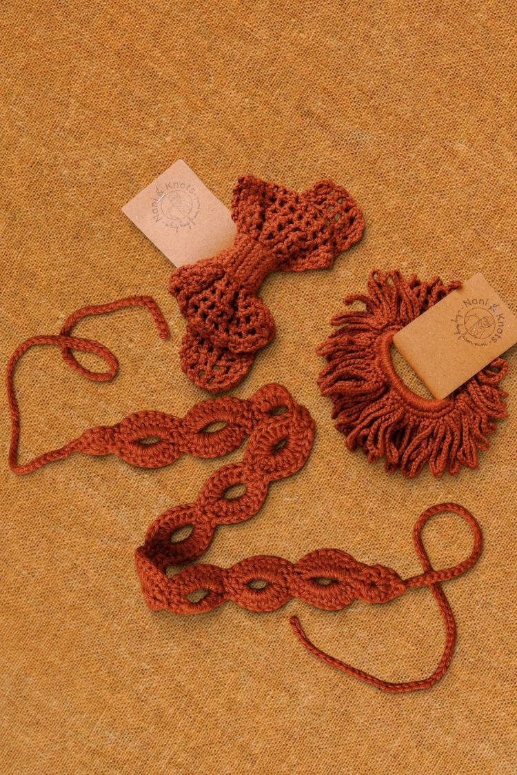 Handmade Crochet Hair Accessory Walnut Hairband Rubberband Gift Set | Rakhi & Women's Gift