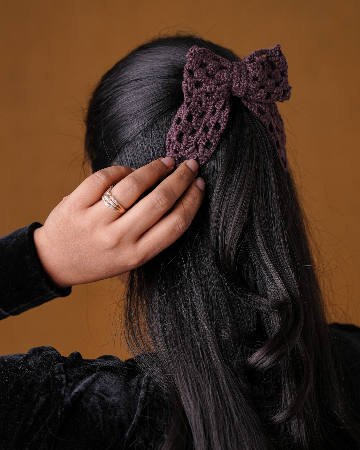 crochet Coffee Hair Jali Bow Rubber Band For Women