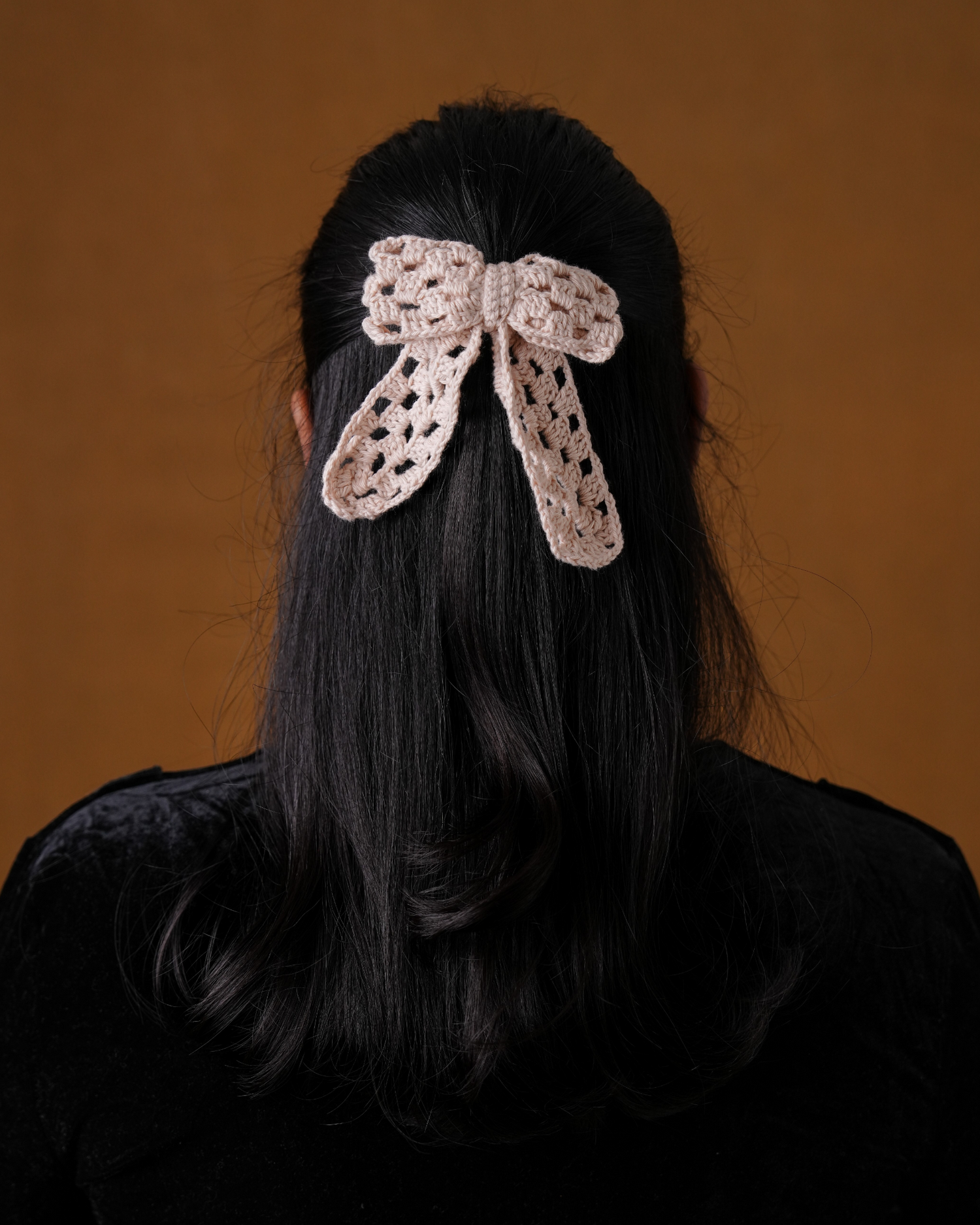 Crochet Cream Hair Jali Bow Rubber Band For Women