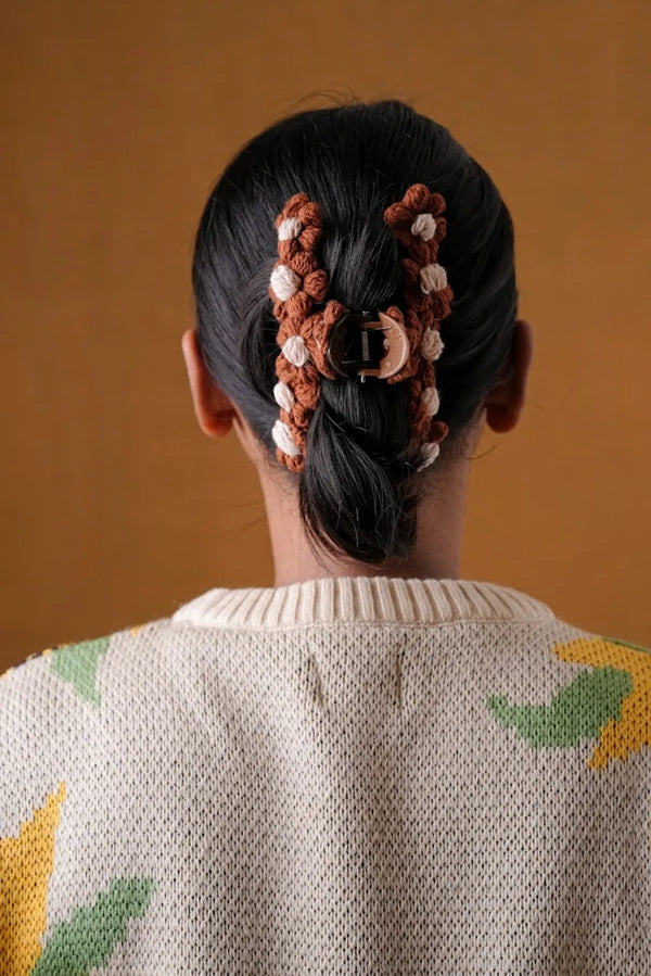 Handmade Crochet Floral Claw Clip Walnut | Women's Hair Accessory