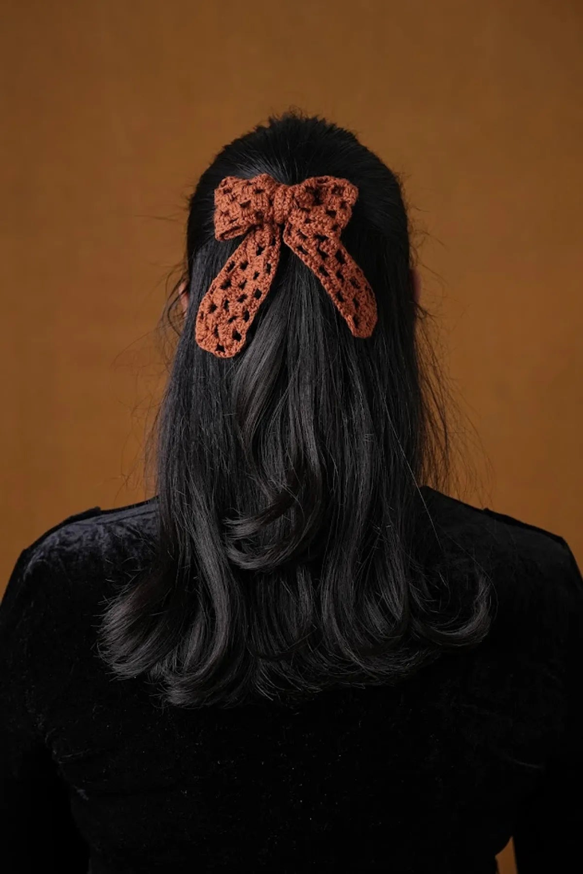crochet Brown Hair Jali Bow Rubber Band For Women
